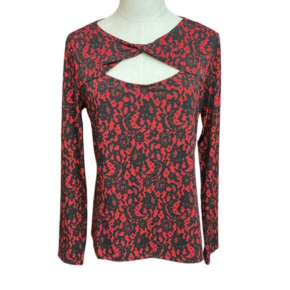 Michael Kors Lace Print Long Sleeve Twist Front Cutout‎ Top Crimson Red Sz M NEW - Picture 1 of 13